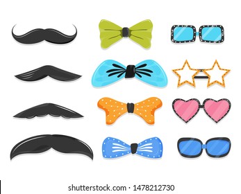 Set of Party props element such as mustache, bow tie, glasses in different style.