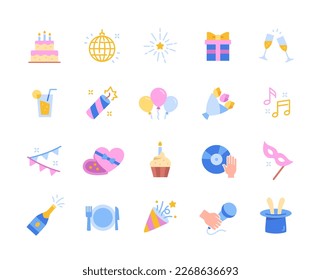 Conjunto de iconos relacionados con la parte. Pegatinas con regalo, ramo de flores, pasteles festivos, bolas de discoteca, confeti y champán. Vacaciones o eventos. Colección vectorial plana de dibujos animados aislada en fondo blanco