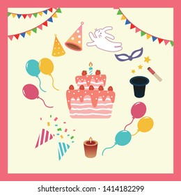 Set of Party Related Vector with fireworks, magician, cake, candle, and balloons. Editable illustration
