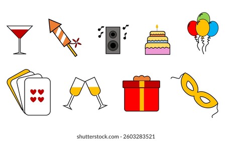 Set of Party Related Vector flat Icons isolated on white background. Contains such Icons as Ballons, Gift, Drink, Music. Perfect for Birthday Party Event.