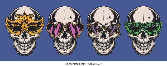Set party skulls colorful elements vintage dead men heads with glasses for festive events or masquerade ball vector illustration