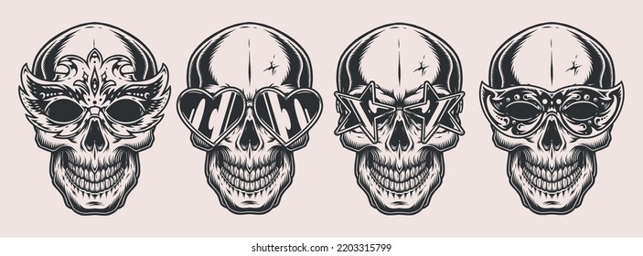 Set Party Skulls Logotypes Monochrome Vintage Scary Faces In Cool Glasses For Festive Rave And Fishnet Festival Masks Vector Illustration