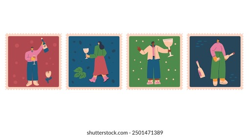 Set of party stamps with wine lovers. People with wineglasses and bottles in a whimsical style. Vector hand drawn collection