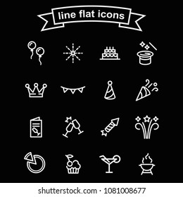 Set of party vector thin line black and white icons.