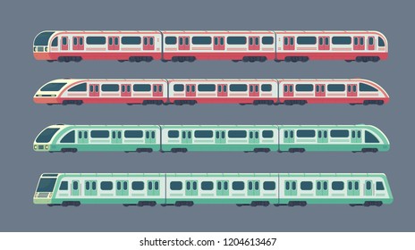 Set of passanger modern electric high-speed train. Railway subway or metro transport. Underground transport. Vector flat illustration isolated on white.