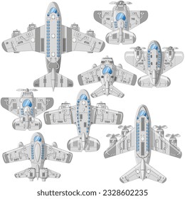 Set of passenger aircraft. View from above. Isolated on white background. Vector illustration.