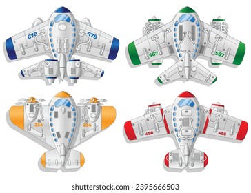 Set of passenger aircraft. View from above. Isolated on white background. Vector illustration.