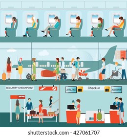 Set Of Passenger Airline At Airport Terminal With Check In Counter And Security Checkpoint, Airline Interior With Plane Seat On The Flight Business Travel Vector Illustration.