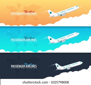 Conjunto de faixas da Passenger Airlines. Nuvens céu fundo com avião. Ilustração vetorial