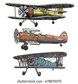 set of passenger airplanes corncob or plane aviation travel illustration. engraved hand drawn in old sketch style, vintage transport.