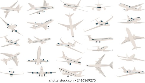 set of passenger airplanes, on a white background, vector