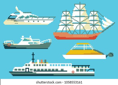 Set of passenger boats and ships in 8 bit art style. Colored pixel vector illustration