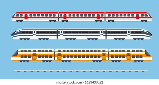 Set of passenger express electric trains. Subway or underground transport. Vector illustration.