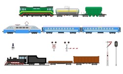 Set Of Passenger And Freight Trains. Locomotives Of Different Eras With Wagons. Traffic Lights, Semaphore And Barrier