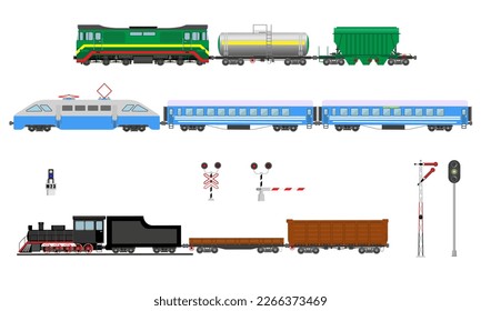 Conjunto de trenes de pasajeros y de mercancías. Locomotoras de diferentes épocas con vagones. Luces de tráfico, semáforo y barrera