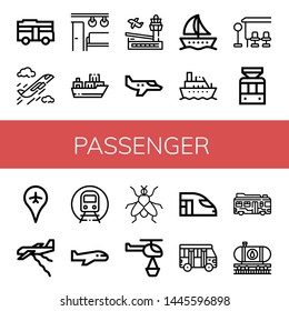 Set of passenger icons such as Bus, Plane, Electric train, Cargo ship, Airport, Small plane, Boat, Bus stop, Tramway, Subway, Airplane, Fly, Helicopter, High speed train , passenger
