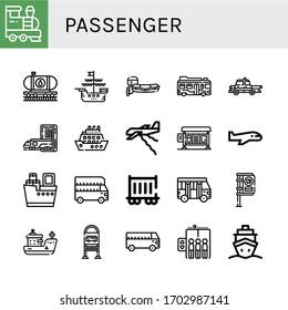 Set of passenger icons. Such as Train, Oil train, Ship, Motorboat, Bus, Taxi, Subway, Cruise, Plane, Bus stop, Airplane, Shipping, Railway carriage, School bus , passenger icons
