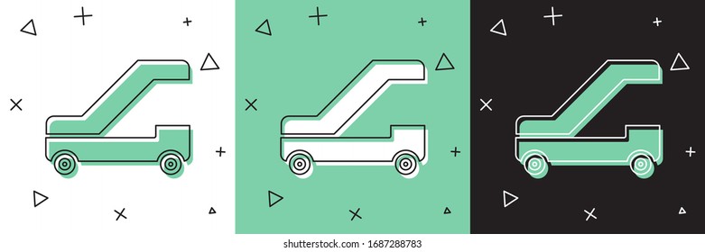 Set Passenger ladder for plane boarding icon isolated on white and green, black background. Airport stair travel.  Vector Illustration
