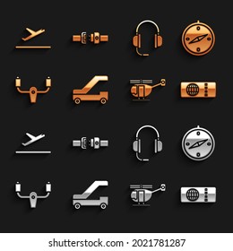 Set Passenger ladder for plane boarding, Compass, Airline ticket, Helicopter, Aircraft steering helm, Headphones with microphone, Plane takeoff and Safety belt icon. Vector