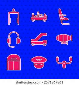 Set Passenger ladder for plane boarding, Pilot hat, Aircraft steering helm, Airship, hangar, Headphones with microphone, Airplane seat and Metal detector airport icon. Vector