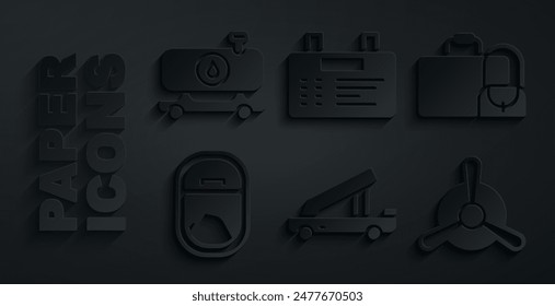 Set Passenger ladder, Suitcase, Airplane window, Plane propeller, Airport board and Fuel tanker truck icon. Vector