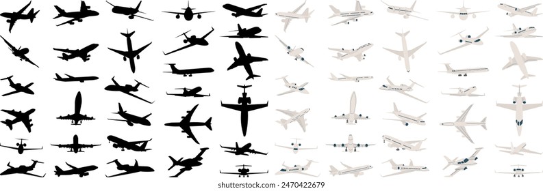 conjunto de aviones de pasajeros silueta, colección de aviones en Vector de estilo plano