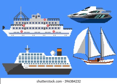 Set of passenger ships and boats. Pixel art vector illustration