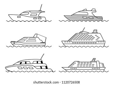 Set of passenger ships. Sea transportation liners. Yachts set. International water tourism and recreation concept. Vector illustration.