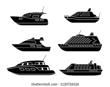 Set of passenger ships. Sea transportation liners. Yachts set. International water tourism and recreation concept. Vector illustration.