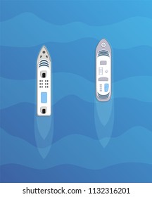 Set of passenger ships. Sea transportation liners. Yachts set. International water tourism and recreation concept. Vector illustration.
