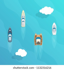 Set of passenger ships. Sea transportation liners. Yachts set. International water tourism and recreation concept. Vector illustration.