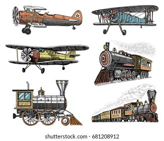 set of passenger train and airplanes corncob or plane aviation travel illustration. engraved hand drawn in old sketch style, vintage transport.