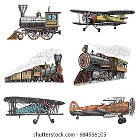 set of passenger train and airplanes corncob or plane aviation travel illustration. engraved hand drawn in old sketch style, vintage transport.