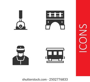 Set Passenger train cars, Arrow for switching the railway, Train conductor and Bridge icon. Vector