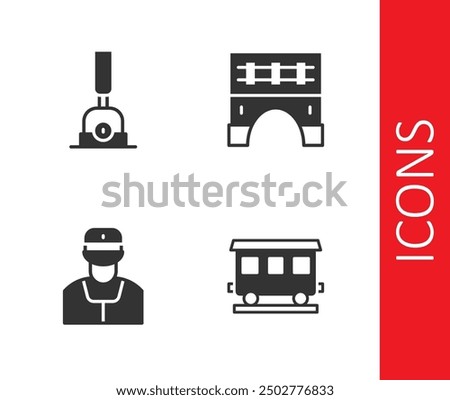 Set Passenger train cars, Arrow for switching the railway, Train conductor and Bridge icon. Vector