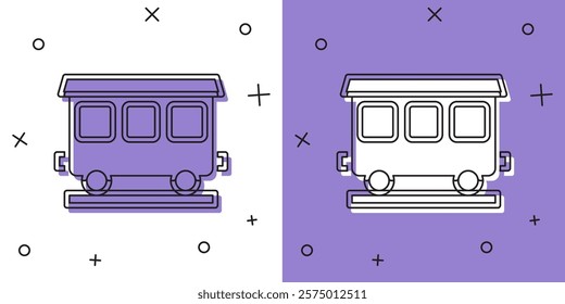 Set Passenger train cars icon isolated on white and purple background. Railway carriage.  Vector