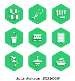 Set Passenger train cars toy, Whirligig, Toy boat, railway, Kite, Sand bucket, Xylophone and Battery icon. Vector
