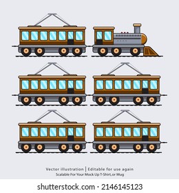 Set of passenger train. Subway transport underground train. Metro train vector illustration. Modern electric locomotive and gondola car. Vector image in five color variations