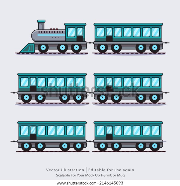 Set of passenger\
train. Subway transport underground train. Metro train vector\
illustration. Modern electric locomotive and gondola car. Vector\
image in five color\
variations