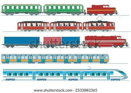 Set of passenger trains, subway, high-speed trains and tram, freight train - illustration