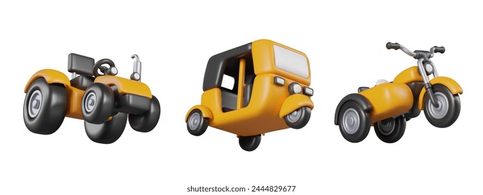 Set of passenger vehicles. 3D yellow tricycle with sidecar, autorickshaw, quad bike