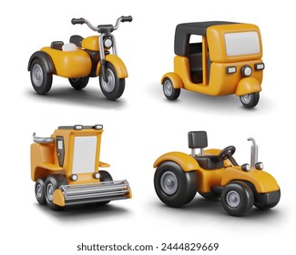Set of passenger and work vehicles. Motorbike with sidecar, autorickshaw, harvester, tractor