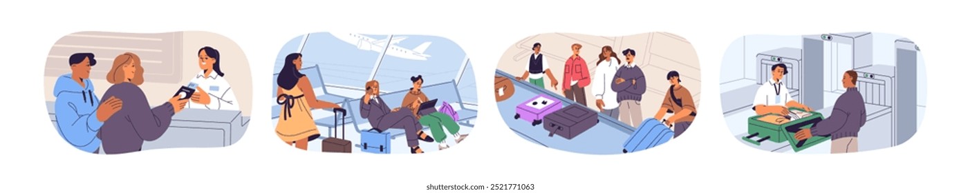 Set of passengers in airport. Passport control, check in desk and waiting of flight, baggage carousel with suitcases. People travel with luggage. Flat vector illustrations isolated on white background