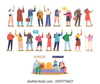 Set of Passengers in Metro Underground Urban Public Transport. Isolated Male and Female Characters Stand Inside Underpass Transportation. People Crowd Riding Subway Train. Cartoon Vector Illustration