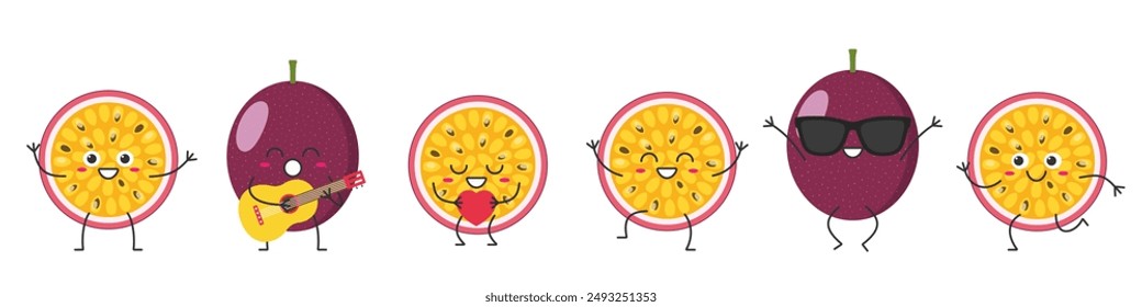 Set passion fruit cute character cartoon greeting jumping loves sings running funny smiling face happy joy emotions icon vector illustration.