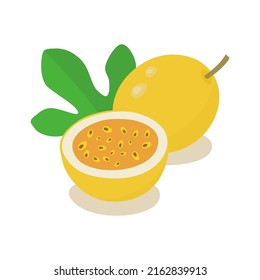 Set passion fruit whole, half and leaves. Vector illustration 