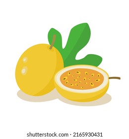 Set passion fruit whole, half and leaves. Vector illustration 