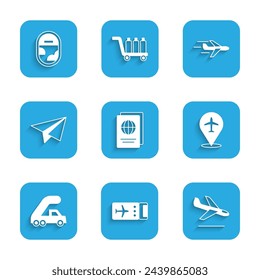 Set Passport, Airline ticket, Plane landing, Passenger ladder for plane boarding, Paper airplane,  and Airplane window icon. Vector