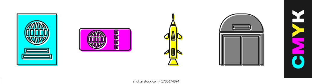 Set Passport, Airline Ticket, Rocket And Aircraft Hangar Icon. Vector