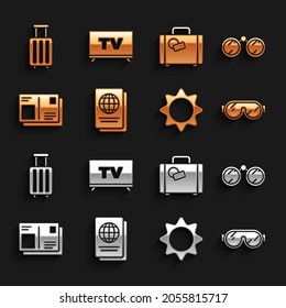 Set Passport, Binoculars, Ski goggles, Sun, with visa stamp, Suitcase,  and Smart Tv icon. Vector